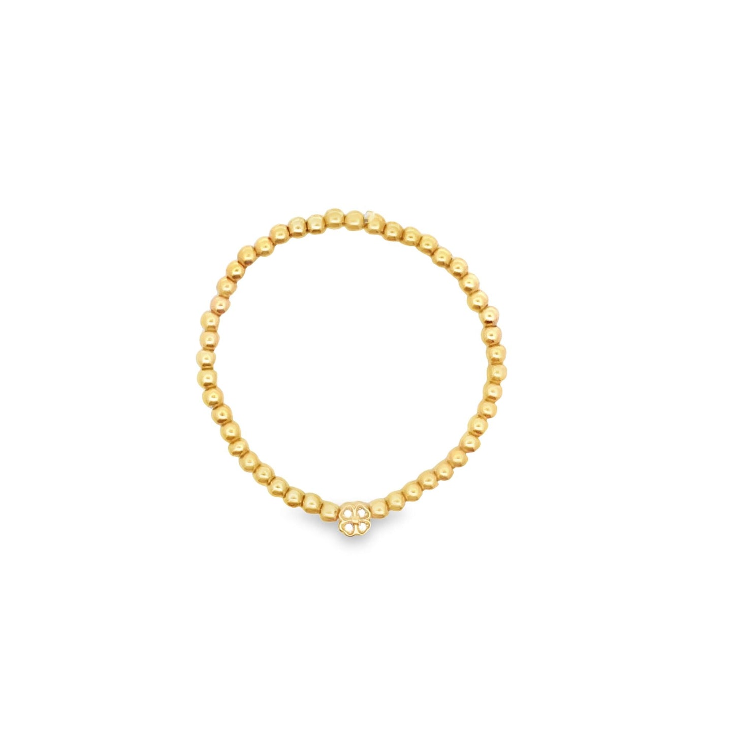 4mm Gold Elastic Bead Bracelet With Four Leaf CLOVER CZ Charm (I49)